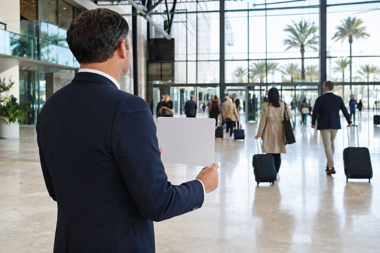 Chauffeur VTC à l'aéroport de Nice attendant un passager avec une pancarte nominative dans le hall d'arrivée du terminal
