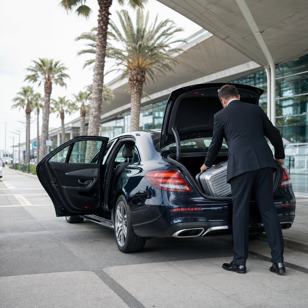 Chauffeur VTC aéroport de Nice chargeant une valise dans une berline Mercedes sur la zone de prise en charge réservée aux véhicules pré-réservés du terminal