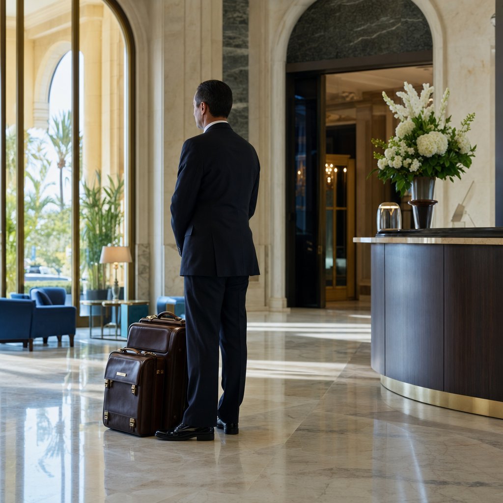 Chauffeur privé VTC attendant dans le hall d'un hôtel de Nice avec les bagages — transfert hôtel aéroport Nice Côte d'Azur