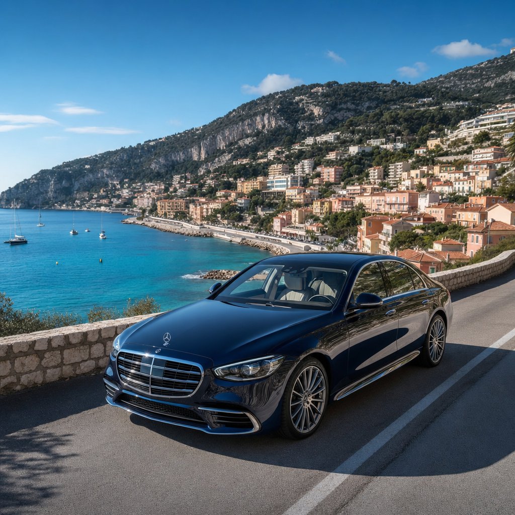 Mercedes VTC sur la corniche de Villefranche-sur-Mer — chauffeur privé transfert port croisières