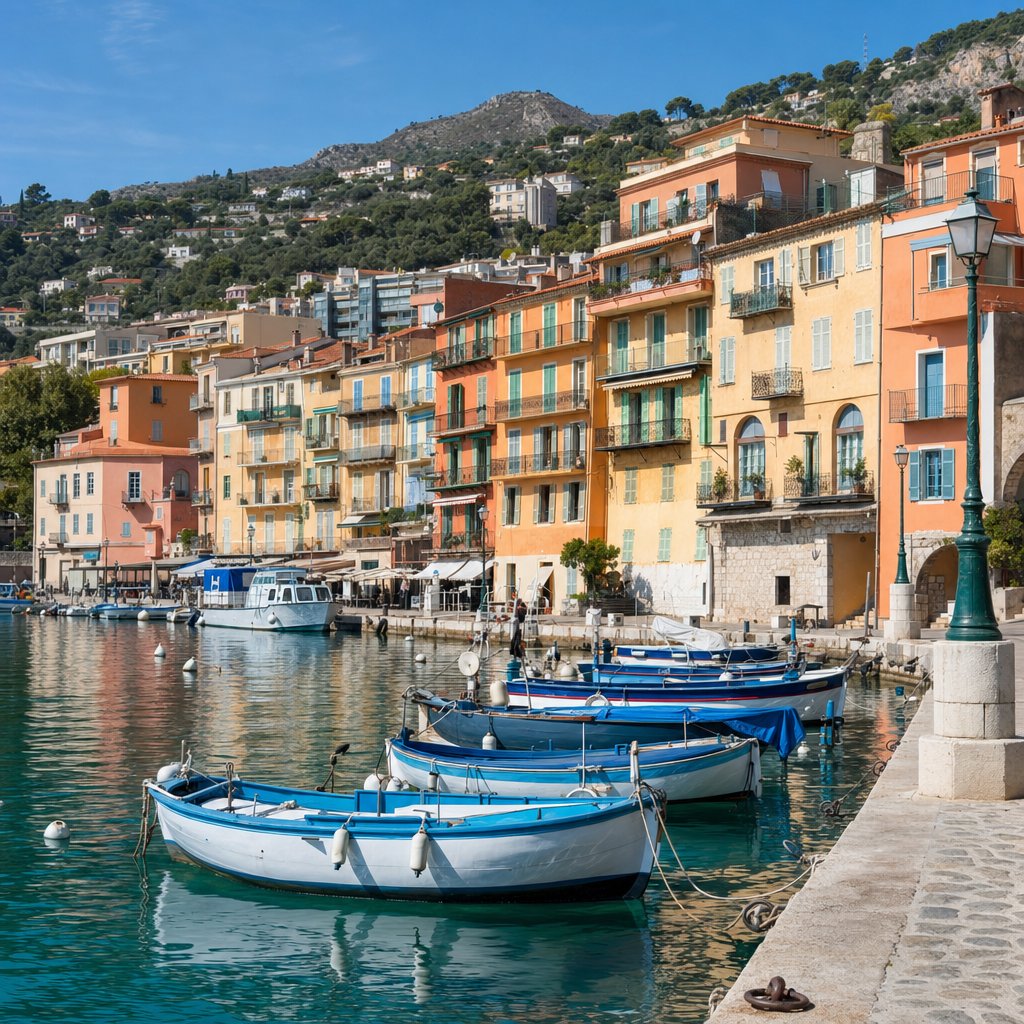Port de Villefranche-sur-Mer, bateaux colorés et façades pastel — chauffeur privé VTC Nice
