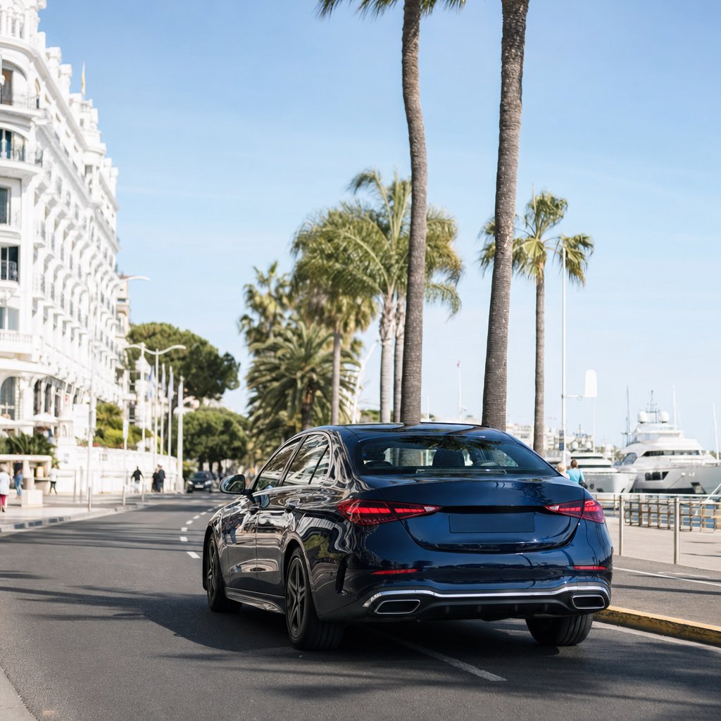 Transfert aéroport Nice Cannes — Mercedes Classe C bleu nuit roulant sur le boulevard de la Croisette à Cannes