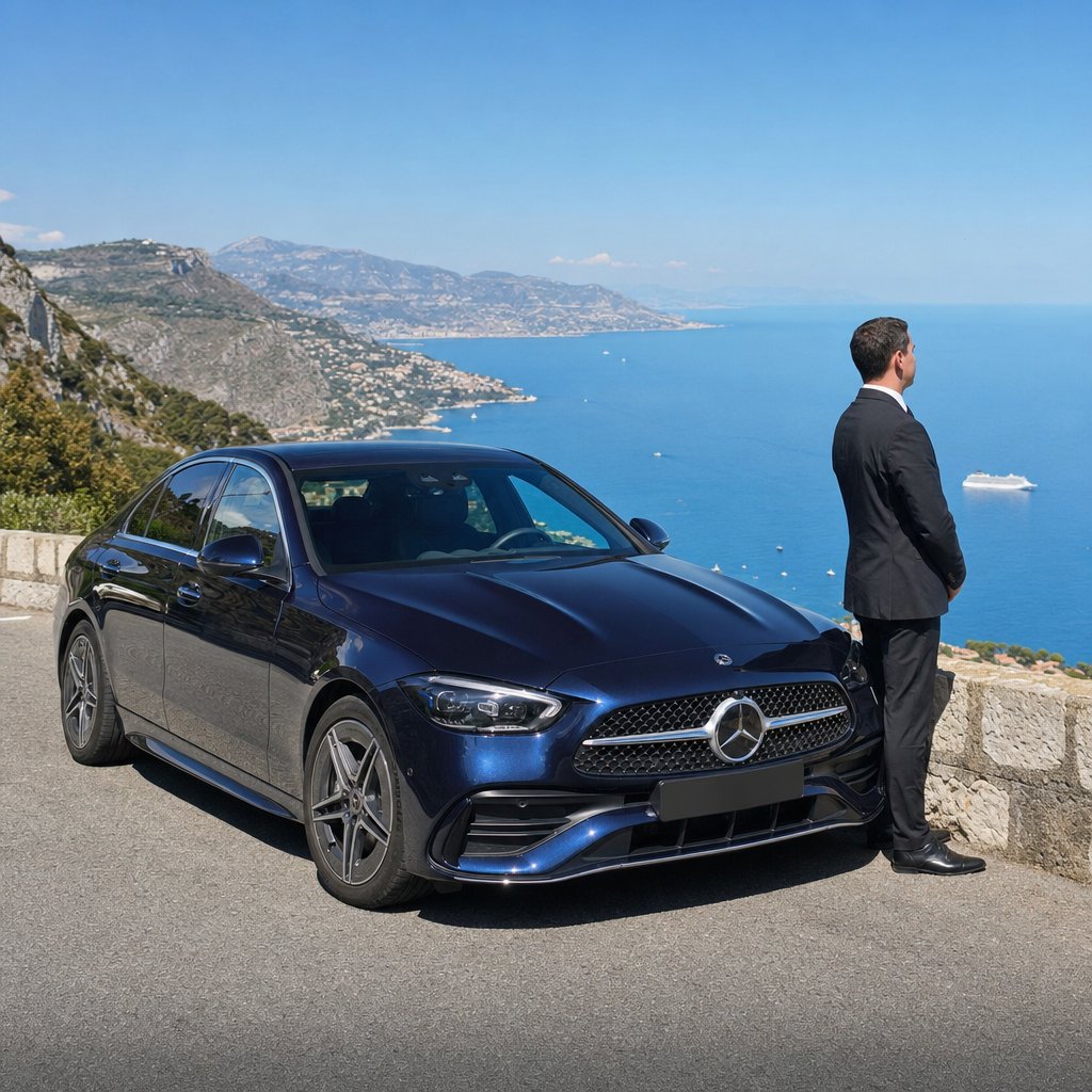 Chauffeur privé Mercedes VTC Nice La Turbie — Grande Corniche vue panoramique Monaco