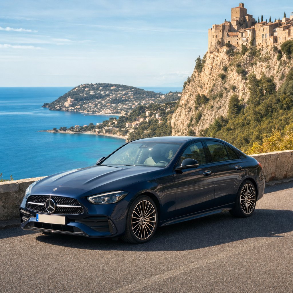 Chauffeur privé VTC Nice Roquebrune-Cap-Martin — Mercedes Bleu Nuit sur la Moyenne Corniche