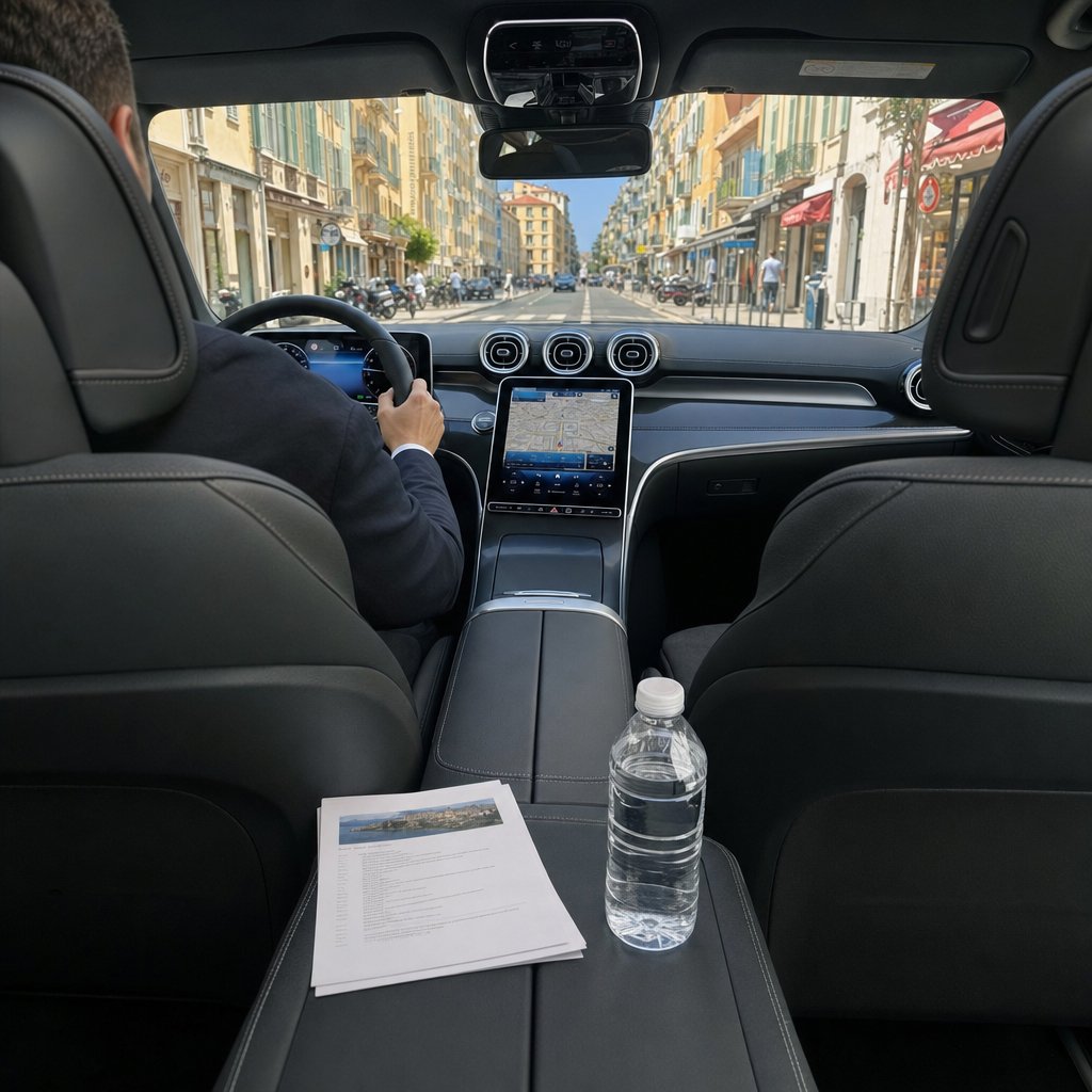 Voiture avec chauffeur à Nice en mise à disposition : vue depuis la banquette arrière en cuir d'une Mercedes Classe C vers une rue du Vieux-Nice