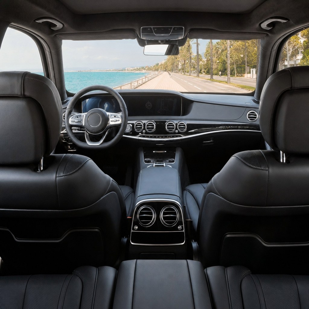 Chauffeur privé VTC attendant les voyageurs à l'aéroport de Nice NCE avec une Mercedes noire