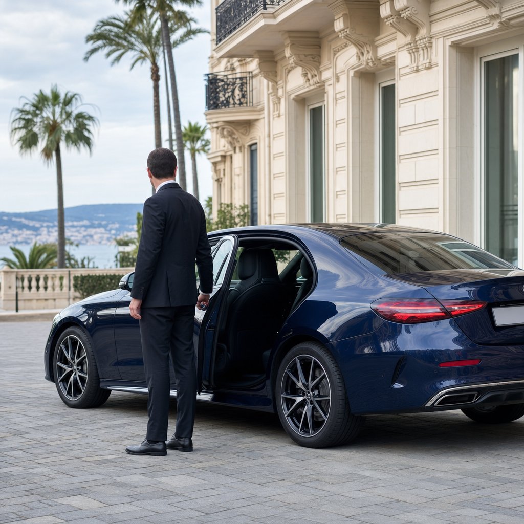 Chauffeur privé VTC Alpes-Maritimes ouvrant la portière arrière de la Mercedes Bleu Nuit dans le département 06