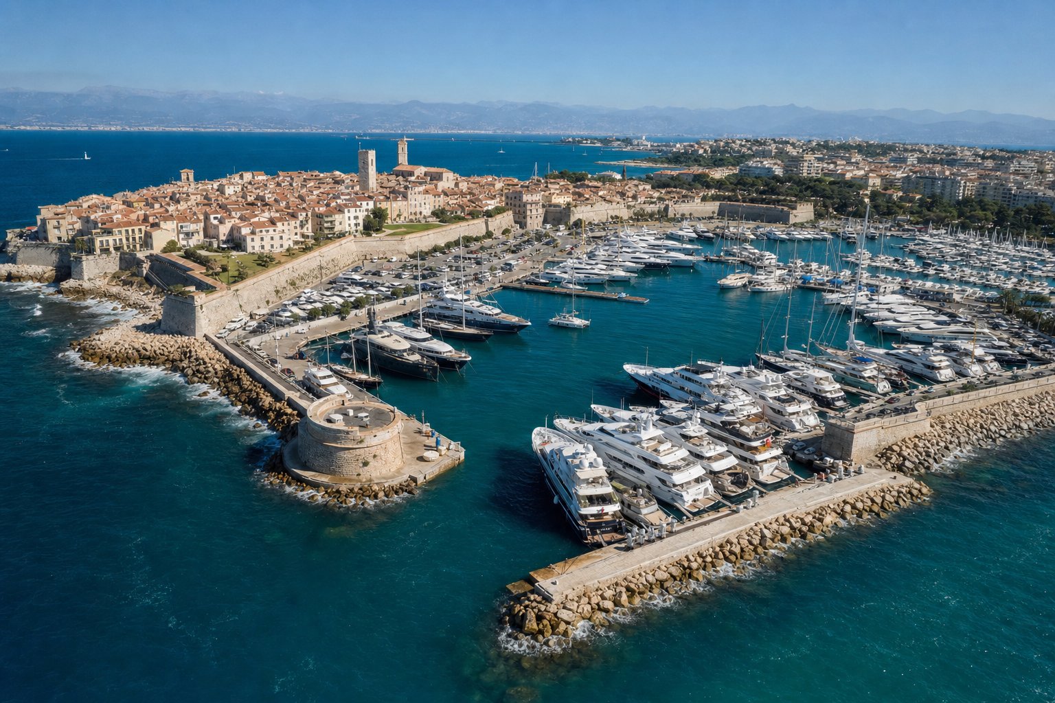 Vue aérienne du port Vauban d'Antibes avec les remparts et la mer Méditerranée — chauffeur VTC privé Côte d'Azur