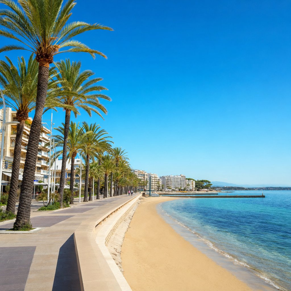 Promenade balnéaire de Juan-les-Pins avec plages de sable et palmiers — VTC chauffeur privé Antibes
