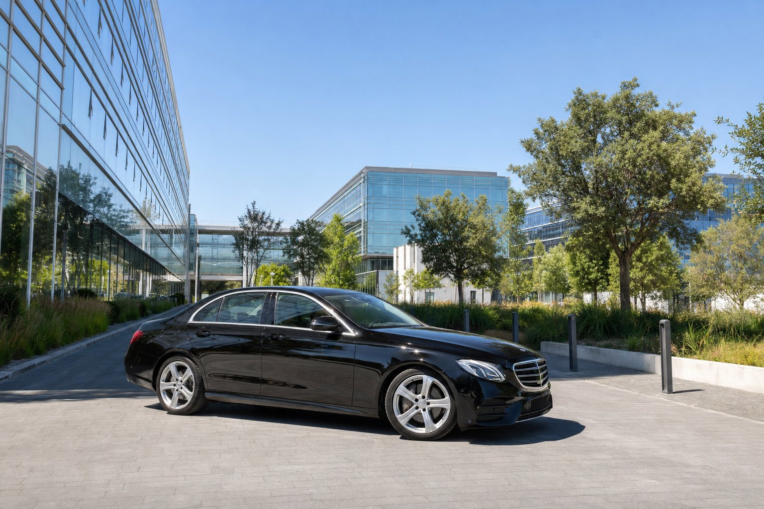 Mercedes-Benz Classe C 300de AMG Line bleu nuit devant le parc technologique de Sophia Antipolis — chauffeur VTC professionnel Nice