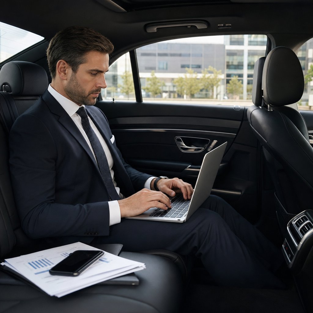 Chauffeur VTC en Mercedes-Benz Classe C 300de AMG Line attendant un client à l'aéroport de Nice NCE — transfert Sophia Antipolis