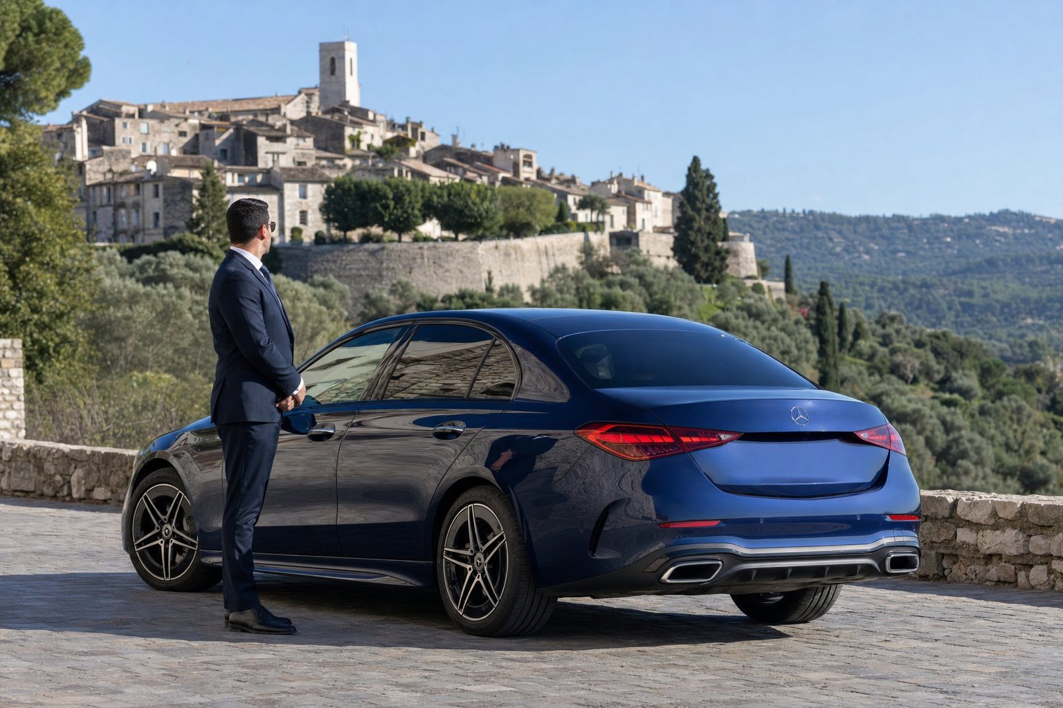 VTC Vence — berline Mercedes bleu nuit et chauffeur privé au pied des remparts de Saint-Paul-de-Vence dans l'arrière-pays niçois