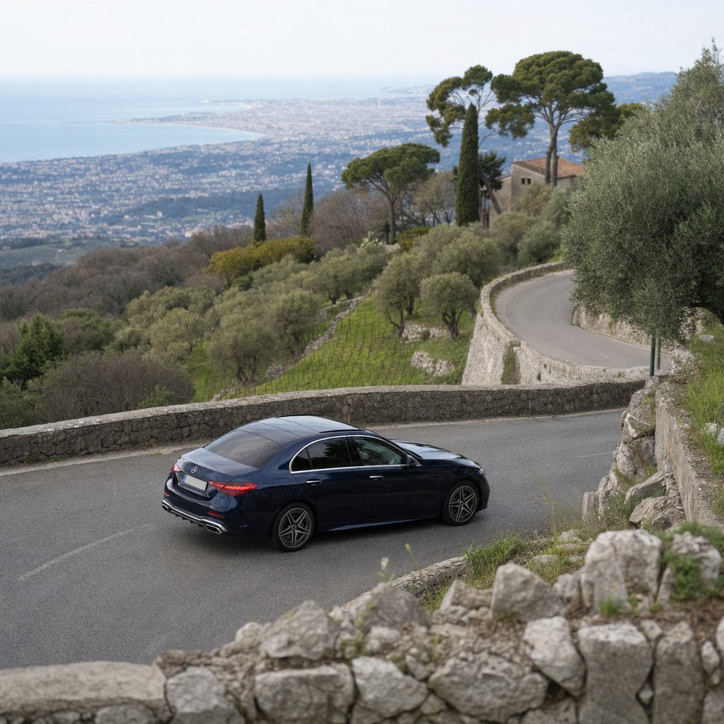 VTC arrière-pays niçois — berline Mercedes bleu nuit sur la route en lacets qui monte de Cagnes-sur-Mer vers Vence