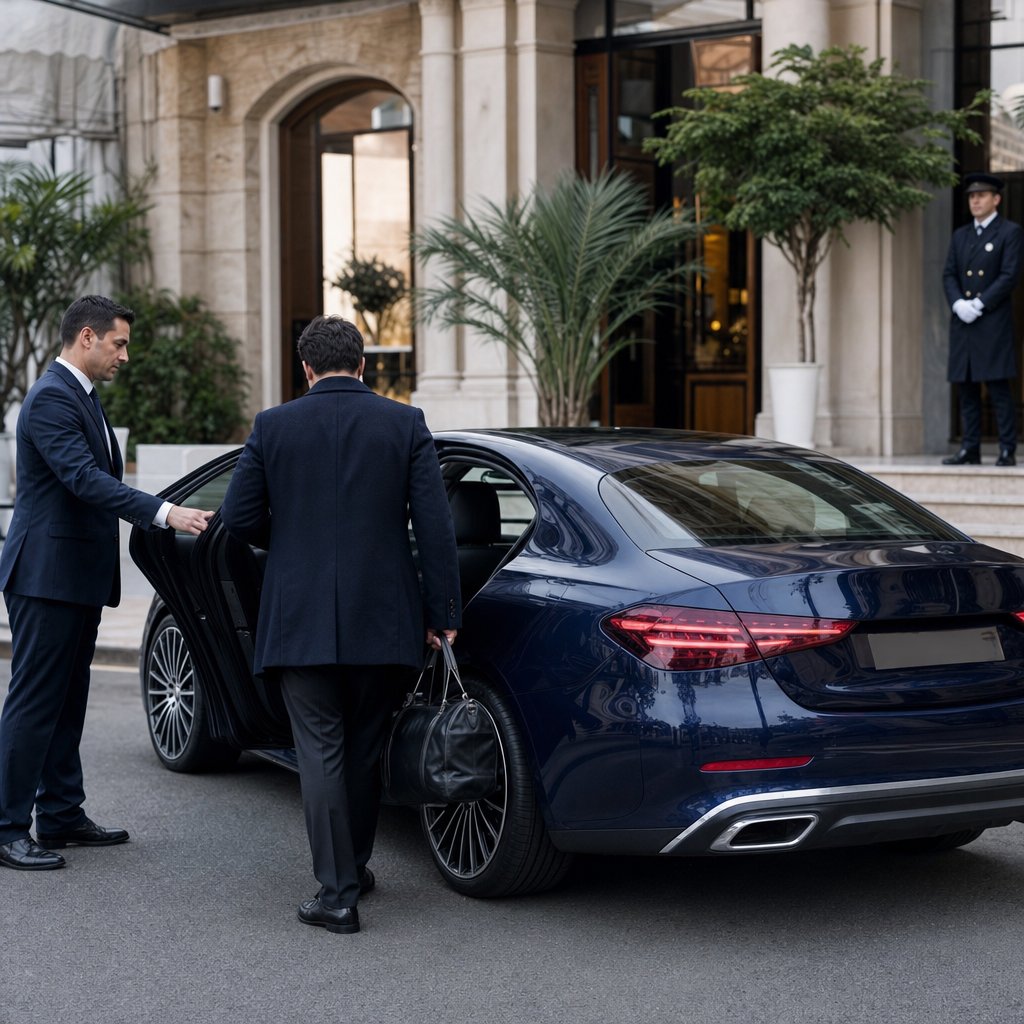 Chauffeur VTC à Monaco ouvrant la portière d'une Mercedes bleu nuit devant l'entrée d'un hôtel de Monte-Carlo