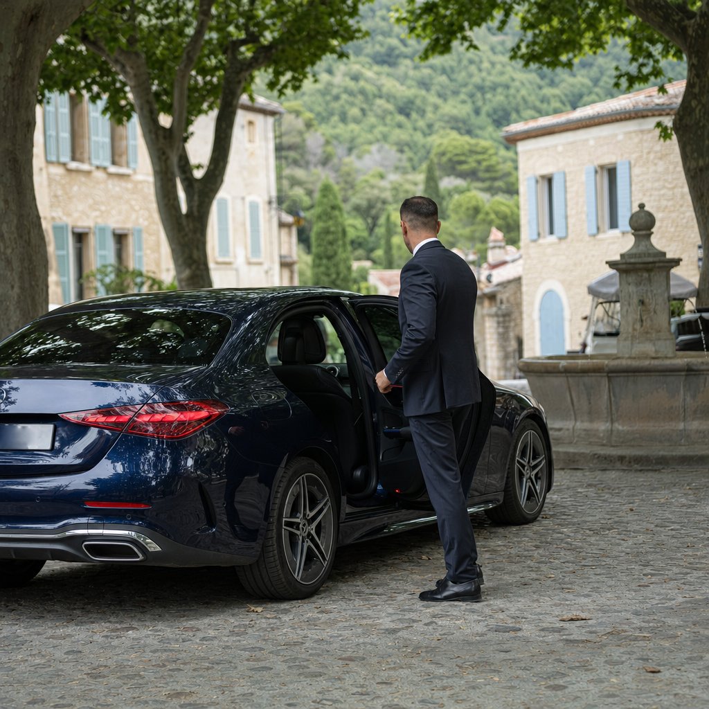 Chauffeur privé VTC ouvrant la portière sur une place de village entre Vence et Saint-Paul-de-Vence